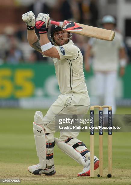 Brendon McCullum of New Zealand plays a shot only to be caught for 42 runs during the 1st Test match between England and New Zealand at Lord's...