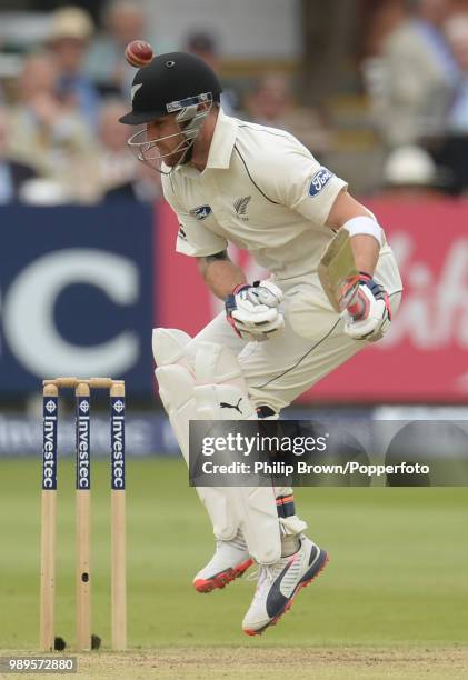 Brendon McCullum of New Zealand reacts to a short-pitched delivery during the 1st Test match between England and New Zealand at Lord's Cricket...