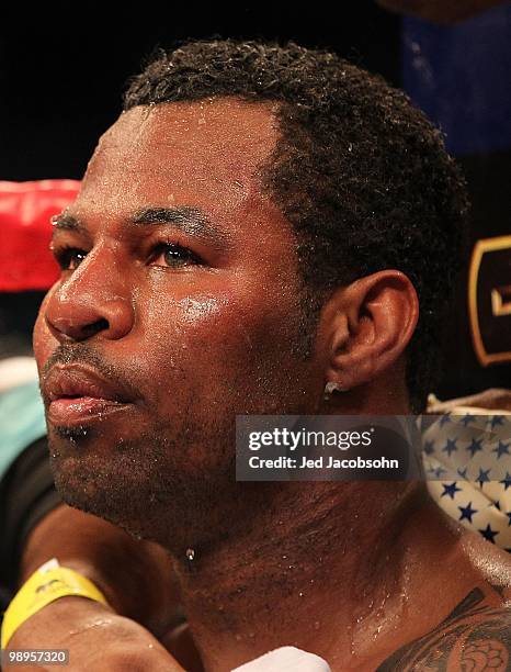 Shane Mosley looks on from his corner during a round break against Floyd Mayweather Jr. During the welterweight fight at the MGM Grand Garden Arena...