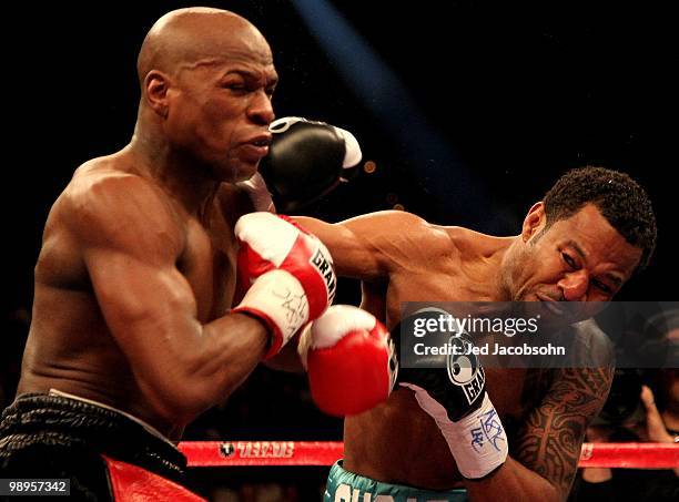 Floyd Mayweather Jr. In action against Shane Mosley during their welterweight fight at the MGM Grand Garden Arena on May 1, 2010 in Las Vegas, Nevada.