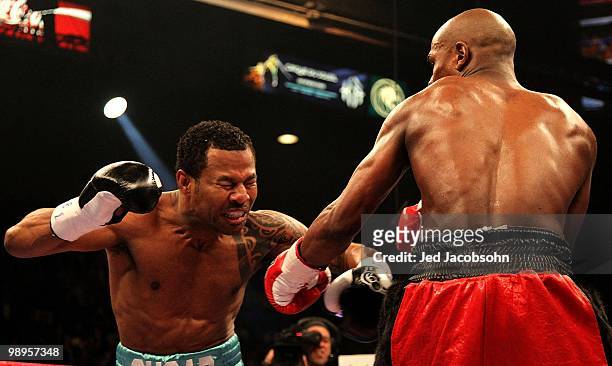 Floyd Mayweather Jr. Throws a left to the head of Shane Mosley during their welterweight fight at the MGM Grand Garden Arena on May 1, 2010 in Las...