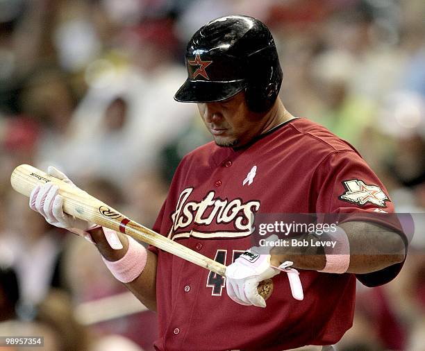 Carlos Lee of then Houston Astros bats against the San Diego Padres at Minute Maid Park on May 9, 2010 in Houston, Texas.