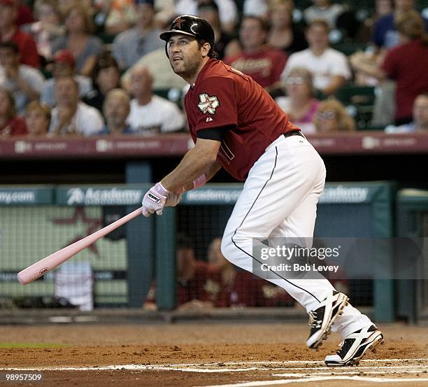 Lance Berkman of then Houston Astros bats against the San Diego Padres at Minute Maid Park on May 9, 2010 in Houston, Texas.