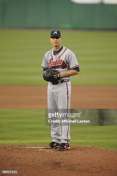 Tim Hudson of the Atlanta Braves pitches during a baseball game against the Washington Nationals on May 6, 2010 at Nationals Park in Washington, D.C.