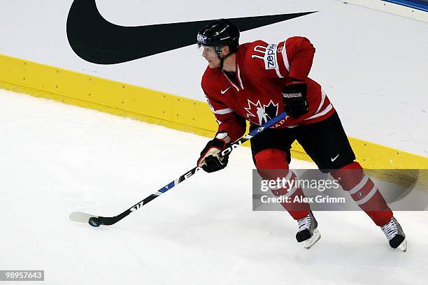 Corey Perry of Canada in action during the IIHF World Championship group B match between Switzerland and Italy at SAP Arena on May 10, 2010 in...