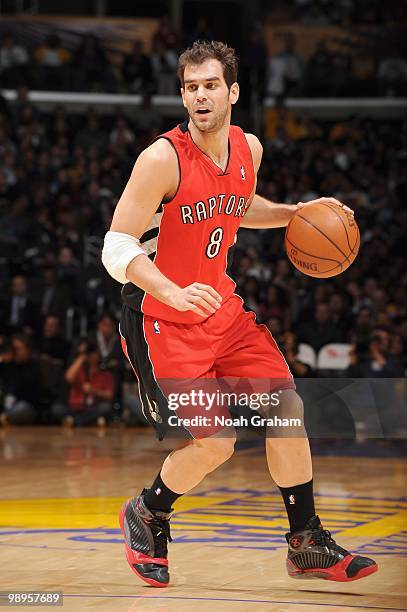 Jose Calderon of the Toronto Raptors dribbles the ball against the Los Angeles Lakers at Staples Center on March 9, 2010 in Los Angeles, California....