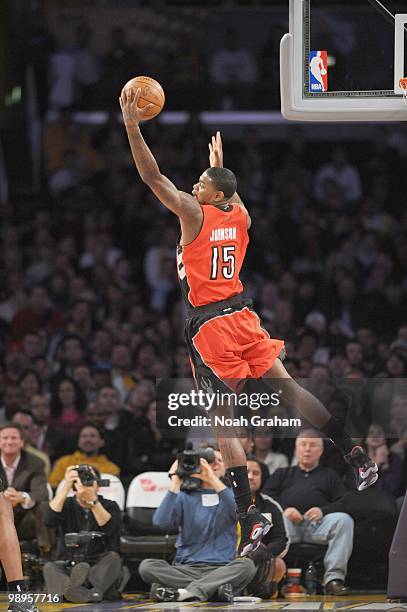 Amir Johnson of the Toronto Raptors rebounds the ball against the Los Angeles Lakers at Staples Center on March 9, 2010 in Los Angeles, California....