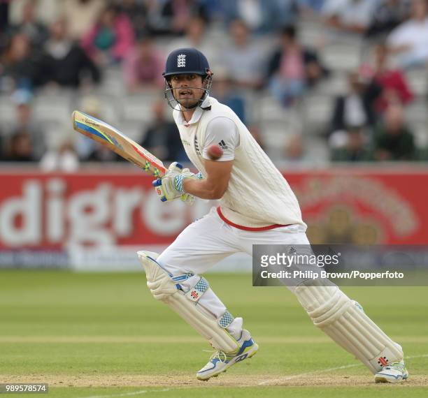 England captain Alastair Cook hits out during his innings of 162 in the 1st Test match between England and New Zealand at Lord's Cricket Ground,...
