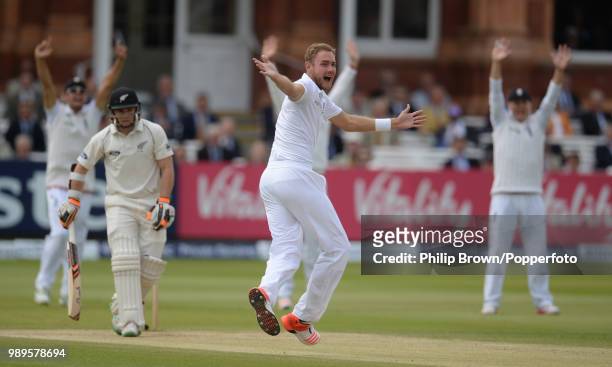Stuart Broad of England appeals successfully for the wicket of Tom Latham of New Zealand, out LBW for a first-ball duck during the 1st Test match...
