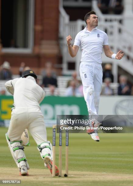 James Anderson of England celebrates after dismissing Martin Guptill of New Zealand for 0 during the 1st Test match between England and New Zealand...