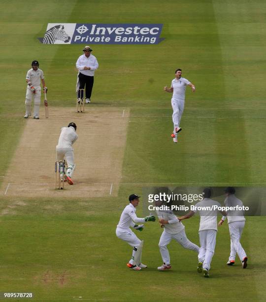 James Anderson of England celebrates after dismissing Martin Guptill of New Zealand, caught by Gary Ballance for 0 during the 1st Test match between...