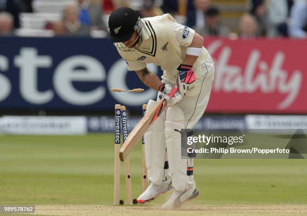 New Zealand captain Brendon McCullum is bowled first ball by Ben Stokes of England during the 1st Test match between England and New Zealand at...