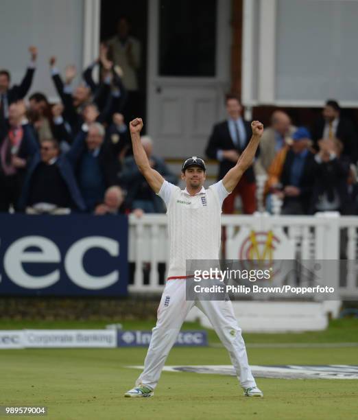 England captain Alastair Cook celebrates as England win the 1st Test match between England and New Zealand by 124 runs at Lord's Cricket Ground,...