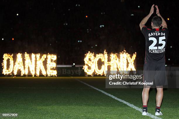 Bernd Schneider of Leverkusen says farewell after the Bernd Schneider farewell match between Bayer Leverkusen and Schnix All Stars at the BayArena on...