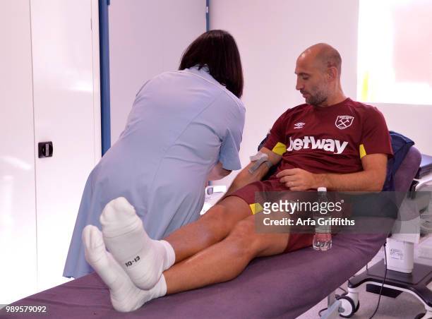 Pablo Zabaleta of West Ham United during Pre-Season Screening at First Day of training at Rush Green on July 2, 2018 in Romford, England.
