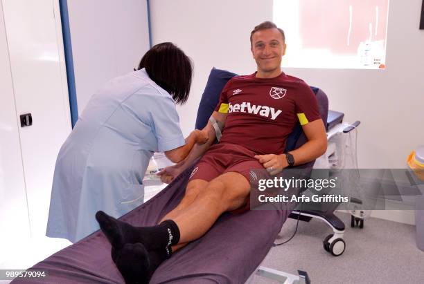 Mark Noble of West Ham United during Pre-Season Screening at First Day of training at Rush Green on July 2, 2018 in Romford, England.