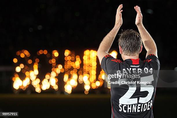 Bernd Schneider of Leverkusen says farewell after the Bernd Schneider farewell match between Bayer Leverkusen and Schnix All Stars at the BayArena on...