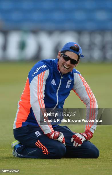 Alastair Cook of England laughs during a training session before the 2nd Test match between England and New Zealand at Headingley, Leeds, 28th May...