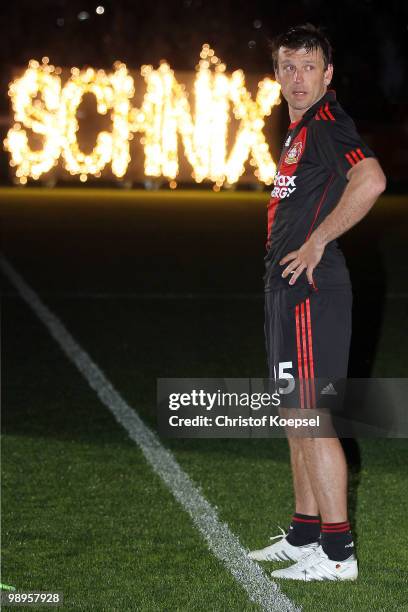 Bernd Schneider of Leverkusen says farewell after the Bernd Schneider farewell match between Bayer Leverkusen and Schnix All Stars at the BayArena on...