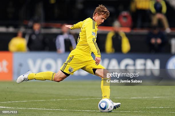 Brian Carroll of the Columbus Crew controls the ball against the New England Revolution on May 8, 2010 at Crew Stadium in Columbus, Ohio.