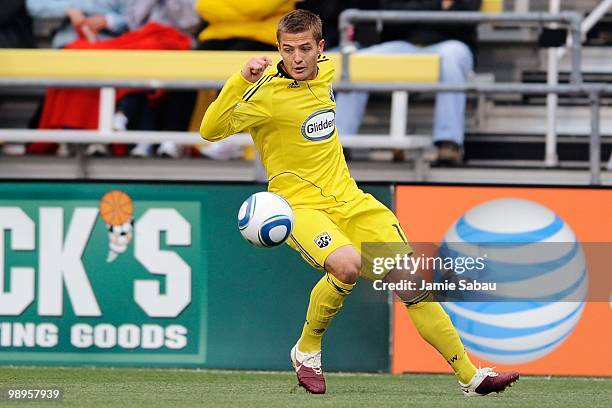 Robbie Rogers of the Columbus Crew controls the ball against the New England Revolution on May 8, 2010 at Crew Stadium in Columbus, Ohio.