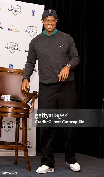Tiger Woods discusses the upcoming AT&T National Tournament at a press conference at the Aronimink Golf Club on May 10, 2010 in Newtown, Pennsylvania.