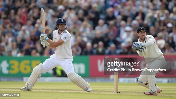 England captain Alastair Cook hits out during the 2nd Test match between England and New Zealand at Headingley, Leeds, 30th May 2015. The...