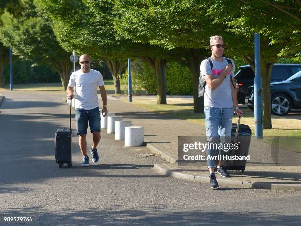 Pablo Zabaleta and Adrian San Miguel of West Ham United arriving for the first day back of pre-season at Rush Green on July 2, 2018 in Romford,...