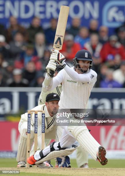 James Anderson of England prepares to reverse sweep during the 2nd Test match between England and New Zealand at Headingley, Leeds, 31st May 2015....