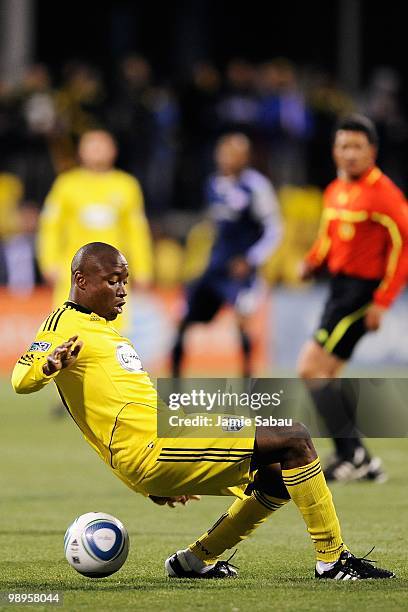 Emmanuel Ekpo of the Columbus Crew controls the ball against the New England Revolution on May 8, 2010 at Crew Stadium in Columbus, Ohio.
