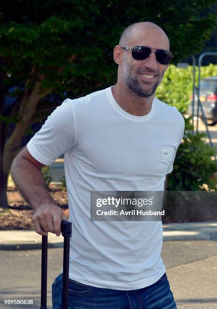 Pablo Zabaleta of West Ham United arriving for the first day back of pre-season at Rush Green on July 2, 2018 in Romford, England.