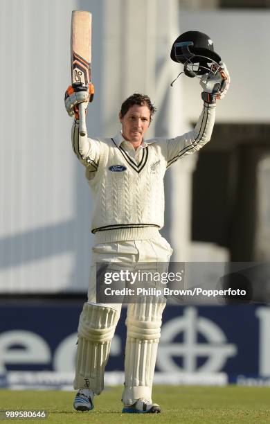 Watling of New Zealand celebrates reaching his century during his innings of 120 in the 2nd Test match between England and New Zealand at Headingley,...