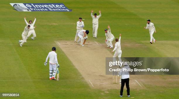 Alastair Cook of England is trapped LBW for 56 runs by Kane Williamson of New Zealand during the 2nd Test match between England and New Zealand at...