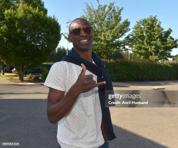 Pedro Obiang of West Ham United arriving for the first day back of pre-season at Rush Green on July 2, 2018 in Romford, England.