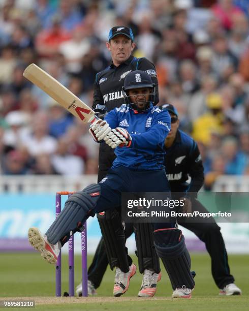 Adil Rashid of England hits out during his innings of 69 runs in the 1st Royal London One Day International between England and New Zealand at...