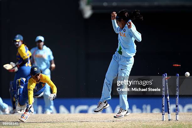 Dilani Manodara of Sri Lanka is run out during the ICC T20 Women's World Cup Group B match between India and Sri Lanka at Warner Park on May 10, 2010...