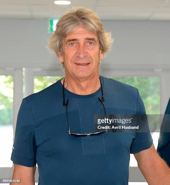 Manuel Pellegrini of West Ham United arriving for the first day back of pre-season at Rush Green on July 2, 2018 in Romford, England.