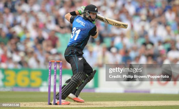 Martin Guptill of New Zealand hits out during his innings of 50 runs in the 2nd Royal London One Day International between England and New Zealand at...