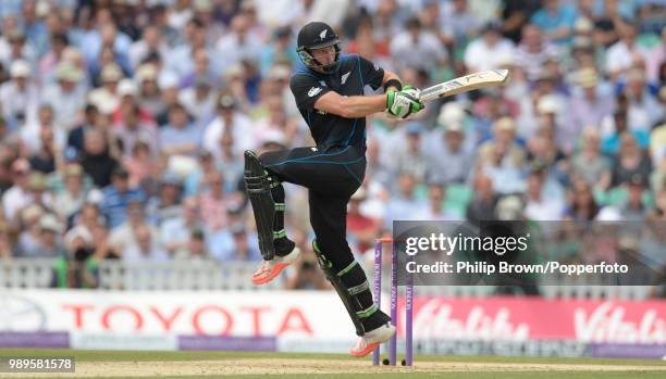 Martin Guptill of New Zealand hits out during his innings of 50 runs in the 2nd Royal London One Day International between England and New Zealand at...