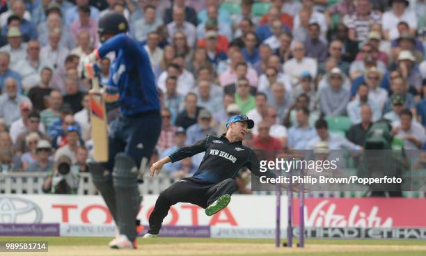 Nathan McCullum of New Zealand drops a chance from Jason Roy of England during the 2nd Royal London One Day International between England and New...