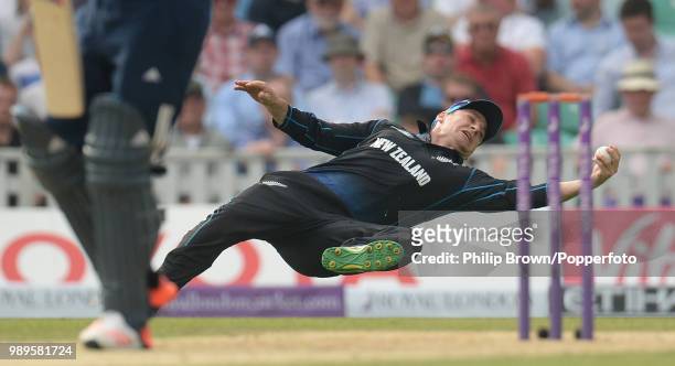 Nathan McCullum of New Zealand fails to hold onto a chance from Jason Roy of England during the 2nd Royal London One Day International between...