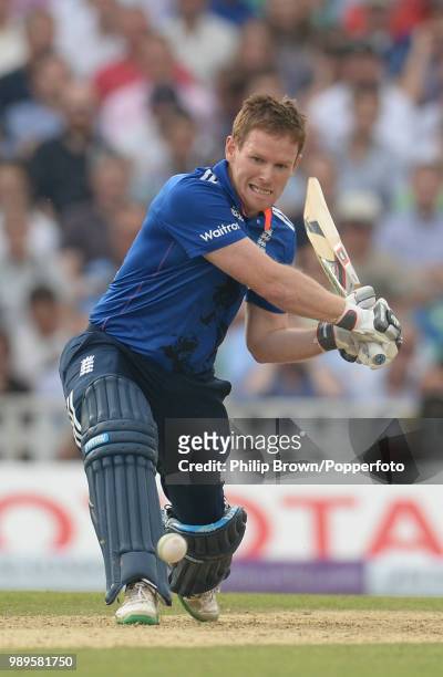 England captain Eoin Morgan hits out during his innings of 88 runs in the 2nd Royal London One Day International between England and New Zealand at...