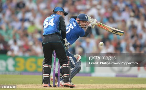 Alex Hales of England hits the ball past New Zealand wicketkeeper Luke Ronchi in the 2nd Royal London One Day International between England and New...