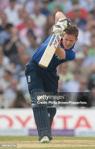 England captain Eoin Morgan drives down the ground during his innings of 88 runs in the 2nd Royal London One Day International between England and...