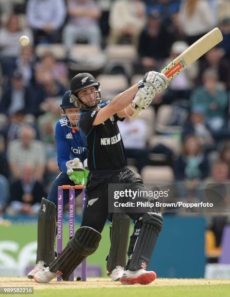 Kane Williamson of New Zealand hits out during his innings of 118 in the 3rd Royal London One Day International between England and New Zealand at...