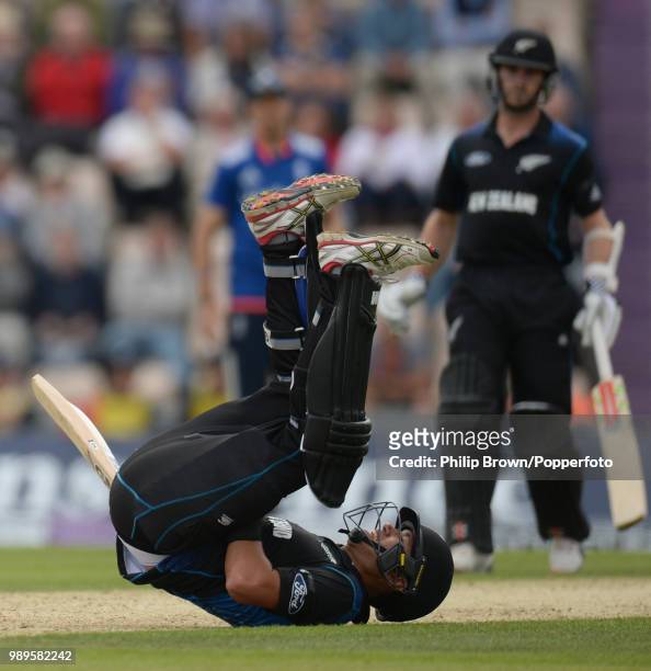 Ross Taylor of New Zealand collapses in pain after being struck by a delivery from Ben Stokes of England during the 3rd Royal London One Day...