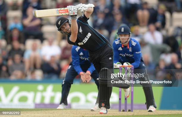 Kane Williamson of New Zealand hits out during his innings of 118 in the 3rd Royal London One Day International between England and New Zealand at...