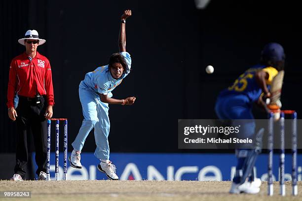 Jhulan Goswami of India bowls to Udeshika Kaluwadewa during the ICC T20 Women's World Cup Group B match between India and Sri Lanka at Warner Park on...