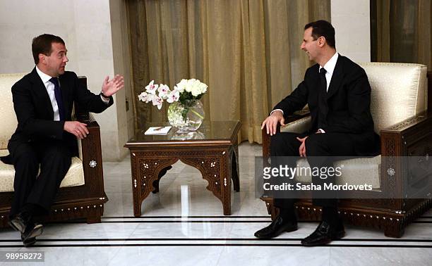 Syrian President Bashar al-Assad receives Russian President Dmitry Medvedev on May 2010 in Damascus, Syria. Medvedev is on a two-day state visit and...