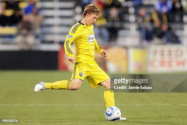 Brian Carroll of the Columbus Crew controls the ball against the New England Revolution on May 8, 2010 at Crew Stadium in Columbus, Ohio.